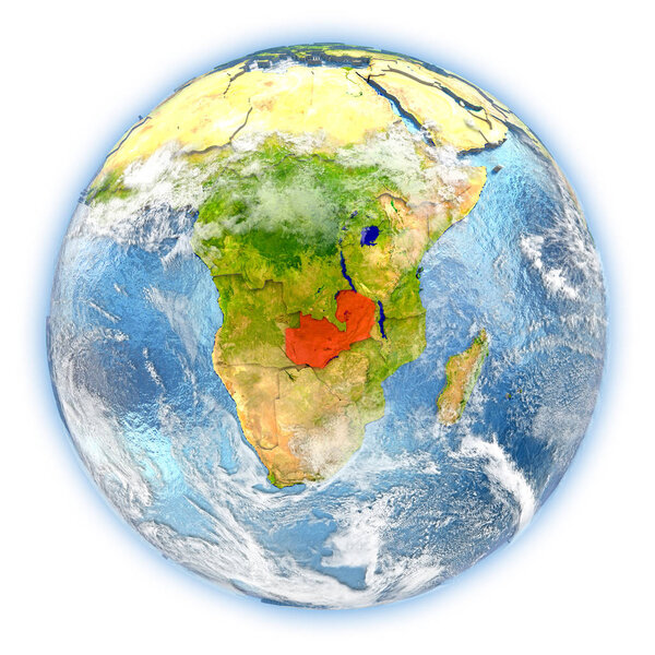 Zambia highlighted in red on planet Earth. 3D illustration isolated on white background. Elements of this image furnished by NASA.