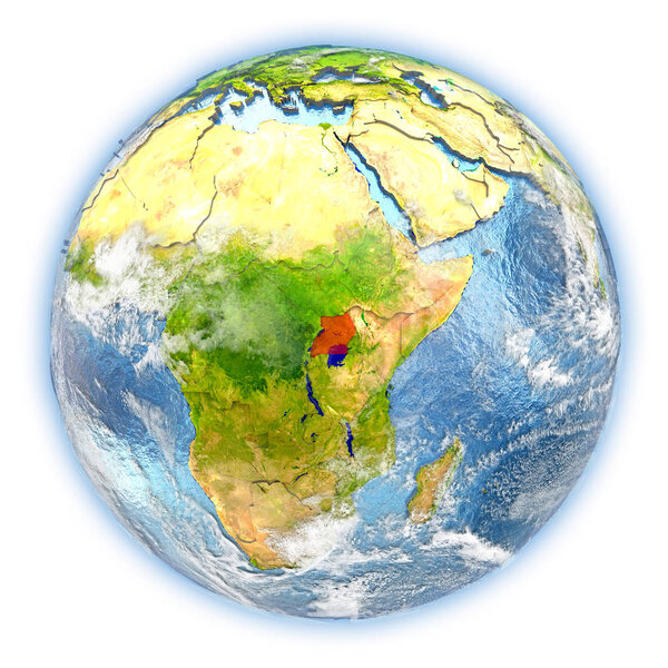 Uganda highlighted in red on planet Earth. 3D illustration isolated on white background. Elements of this image furnished by NASA.