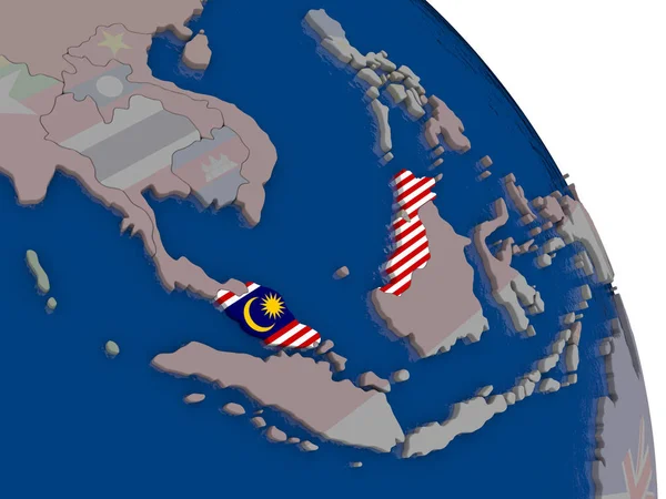 Malaysia with flag on globe — Stock Photo, Image