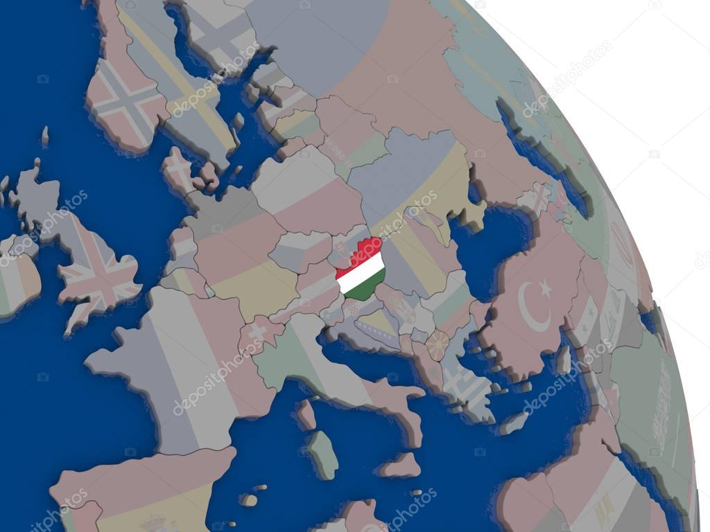 Hungary with flag on globe