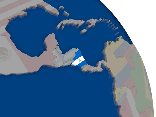 Nicaragua met vlag op de wereldbol — Stockfoto
