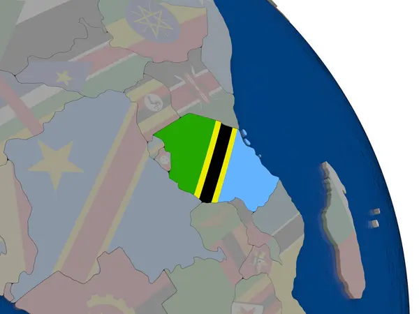 Tanzânia com bandeira no globo — Fotografia de Stock