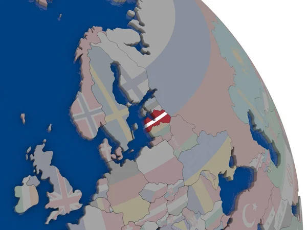Lettonie avec drapeau sur le globe — Photo