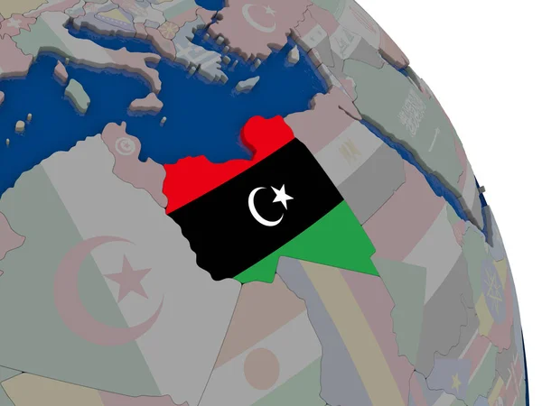 Libië met vlag op de wereldbol — Stockfoto