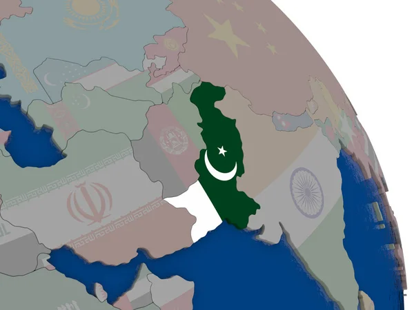 Pakistan mit Flagge auf Globus — Stockfoto