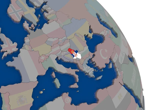 Serbia with flag on globe — Stock Photo, Image