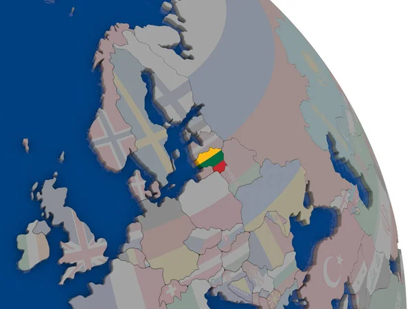 Litvanya dünya üzerinde bayrak ile — Stok fotoğraf