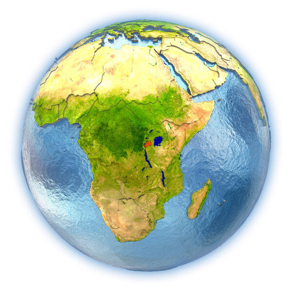 Rwanda highlighted in red on 3D globe with detailed planet surface and blue watery oceans. 3D illustration isolated on white background. Elements of this image furnished by NASA.