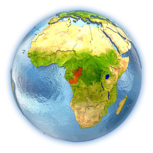 Congo highlighted in red on 3D globe with detailed planet surface and blue watery oceans. 3D illustration isolated on white background. Elements of this image furnished by NASA.