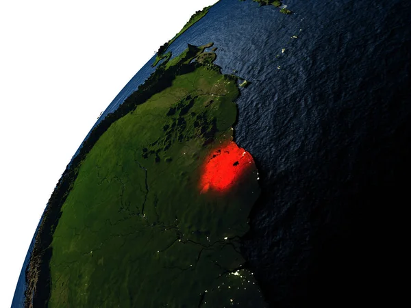Suriname in het rood op aarde 's nachts — Stockfoto