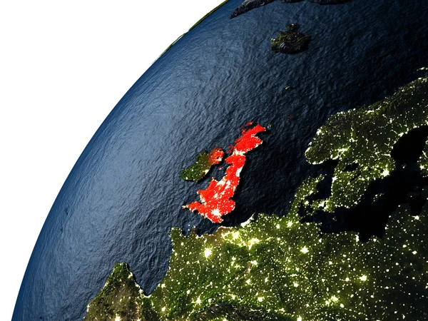 Wielka Brytania na czerwono na ziemi w nocy — Zdjęcie stockowe
