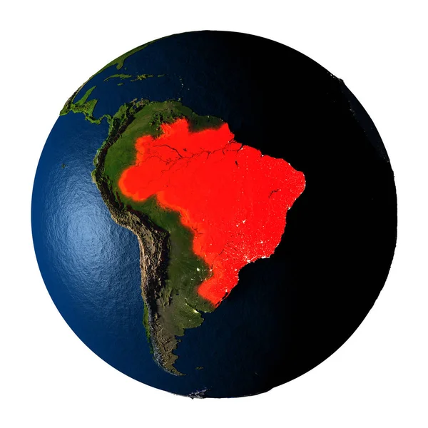 Brazil in red on Earth isolated on white — Stock Photo, Image