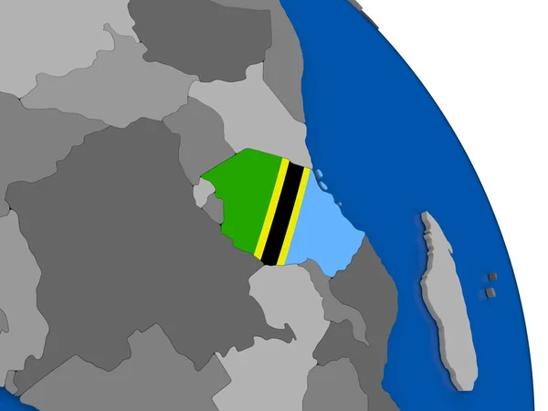 Tanzânia e sua bandeira no globo — Fotografia de Stock