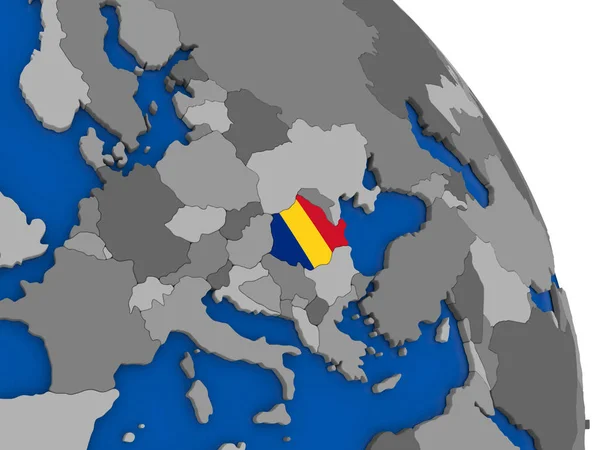 Roemenië en zijn vlag op de wereldbol — Stockfoto