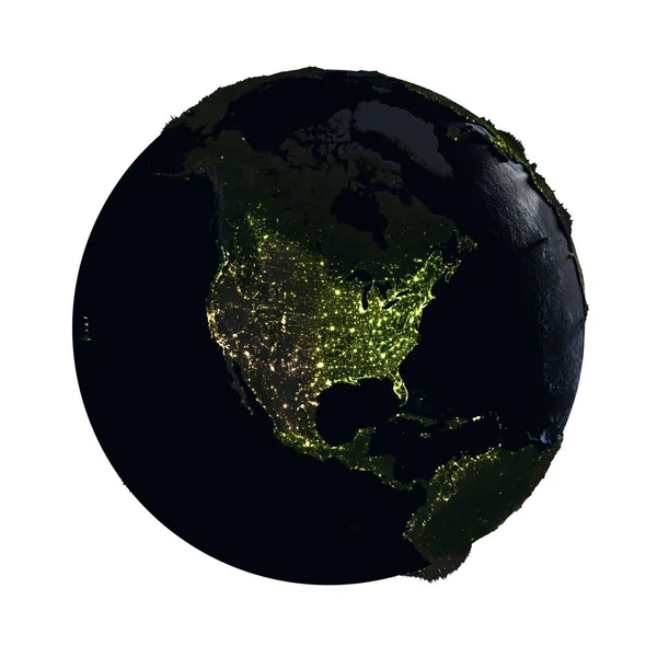 Amérique du Nord sur Terre la nuit isolé sur blanc — Photo