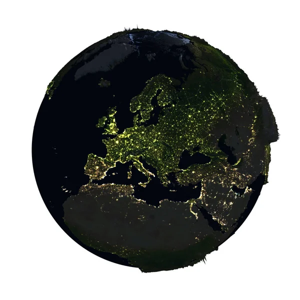 Европа на Земле ночью изолирована на белом — стоковое фото