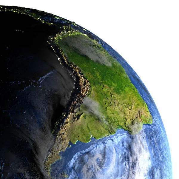 Sudamérica en la Tierra por la noche - fondo visible del océano — Foto de Stock