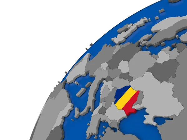Romania con bandiera sul globo politico — Foto Stock