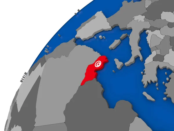 Tunisia with flag on political globe — Stock Photo, Image