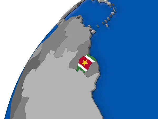 Surinam z flagą na Globus polityczny — Zdjęcie stockowe