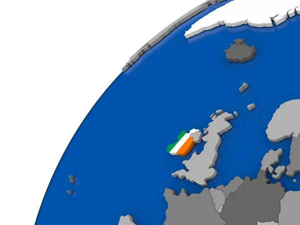 Irland med flagga på politiska jordglob — Stockfoto
