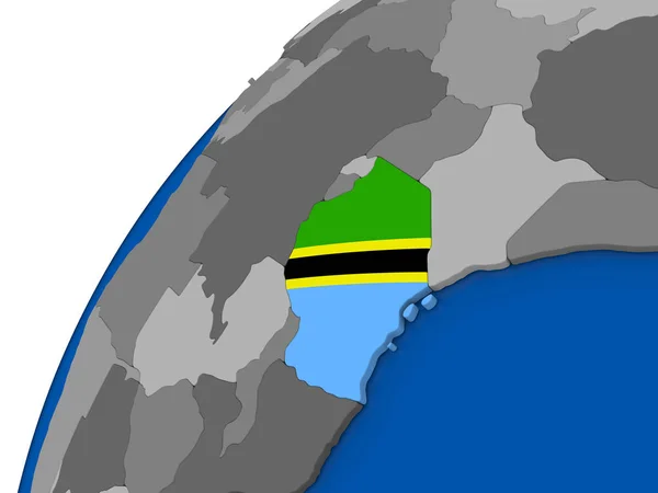 Tanzania z flagą na Globus polityczny — Zdjęcie stockowe
