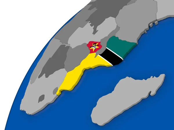Mozambico con bandiera sul globo politico — Foto Stock