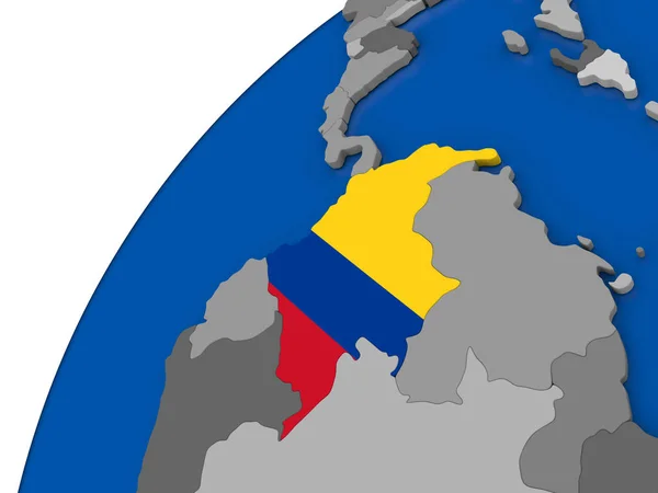 Colômbia com bandeira em globo político — Fotografia de Stock