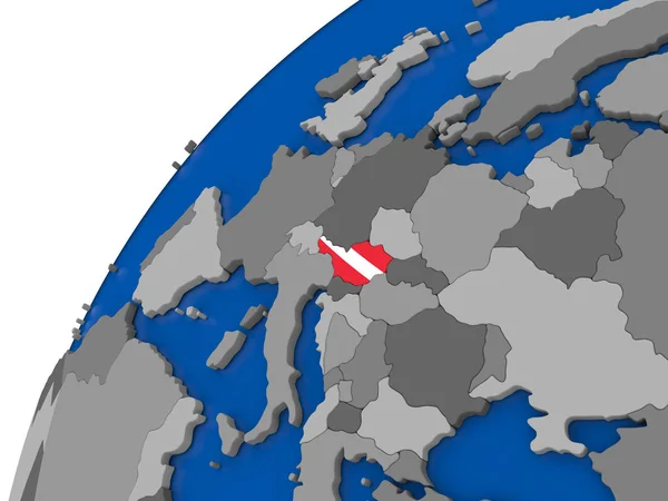 Austrii z flagą na Globus polityczny — Zdjęcie stockowe