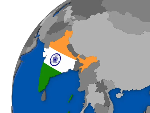 Indien med flagga på politiska jordglob — Stockfoto