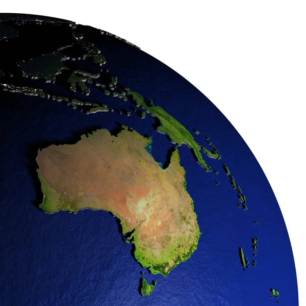 Australia en la noche en el modelo de la Tierra con la tierra en relieve — Foto de Stock