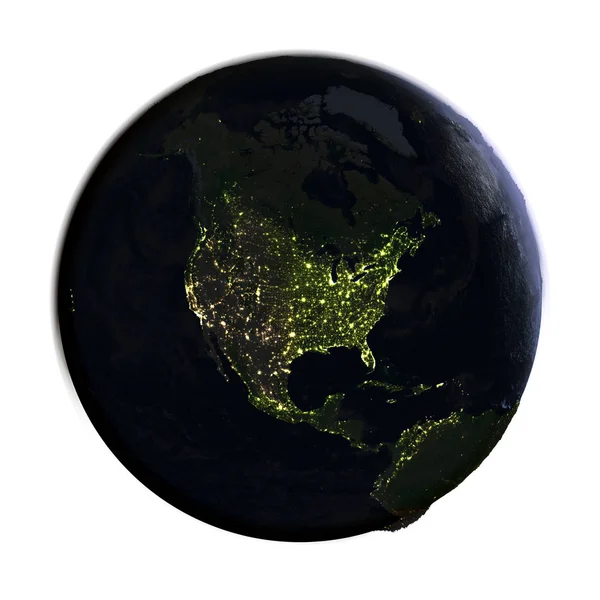 Nord America sulla Terra di notte isolato su bianco — Foto Stock