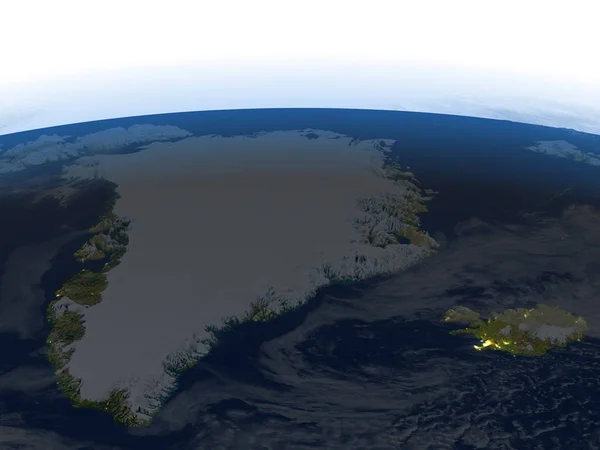 格陵兰岛和冰岛在晚上在地球上 — 图库照片