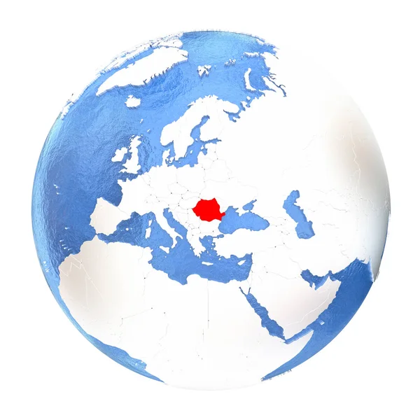 Romania on globe isolated on white — Stock Photo, Image