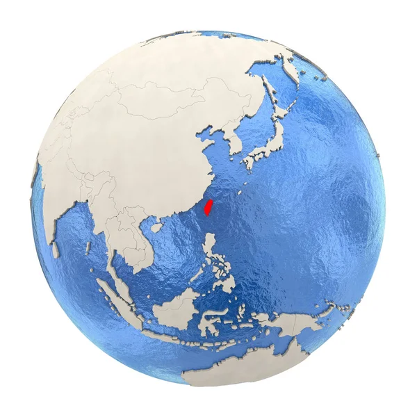 Taiwan in het rood op volledige wereldbol geïsoleerd op wit — Stockfoto