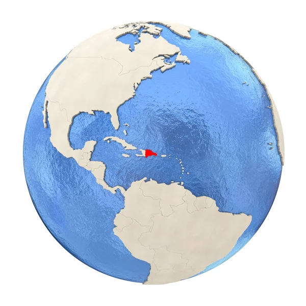 Repubblica Dominicana in rosso su globo intero isolato su bianco — Foto Stock