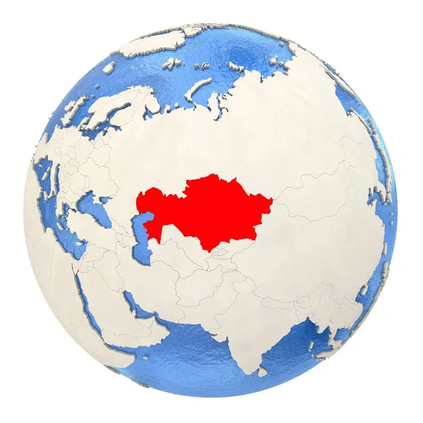 Kazachstan in het rood op volledige wereldbol geïsoleerd op wit — Stockfoto