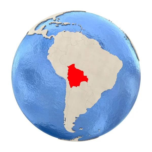Bolivien in Rot auf dem ganzen Globus isoliert auf Weiß — Stockfoto