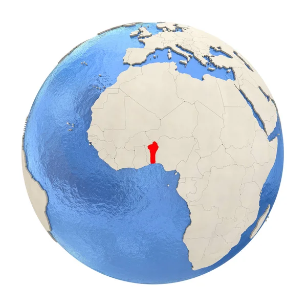 Benin in rosso su globo intero isolato su bianco — Foto Stock