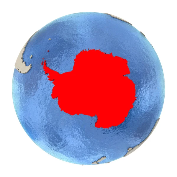 Antártica em vermelho no globo inteiro isolado em branco — Fotografia de Stock