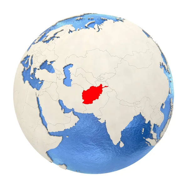 Afghanistan in het rood op volledige wereldbol geïsoleerd op wit — Stockfoto