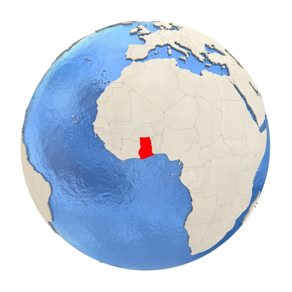 Ghana in rosso su globo intero isolato su bianco — Foto Stock