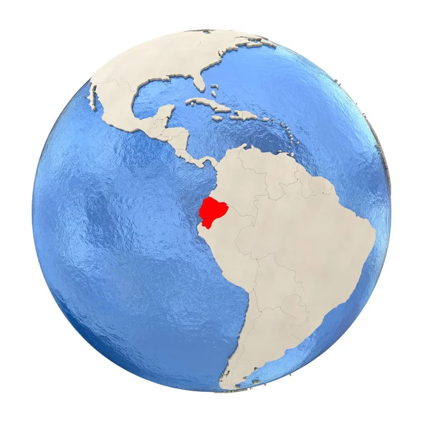 Ekuador berwarna merah pada globe penuh terisolasi pada warna putih — Stok Foto