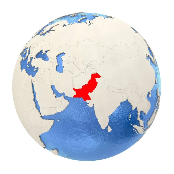 Pakistan in het rood op volledige wereldbol geïsoleerd op wit — Stockfoto