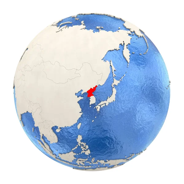 Noord-Korea in het rood op volledige wereldbol geïsoleerd op wit — Stockfoto