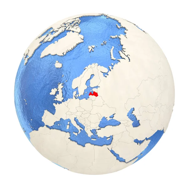 Латвія в червоному на повну земної кулі, ізольовані на білому — стокове фото