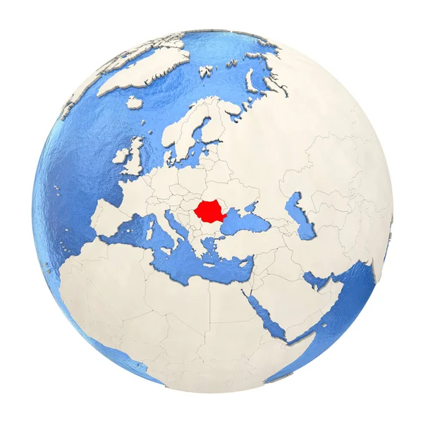 罗马尼亚在红色在全地球上白色孤立 — 图库照片