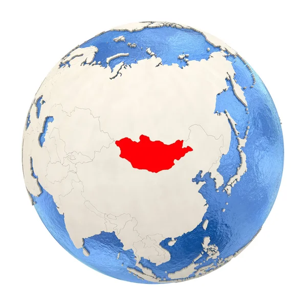 Mongolia berwarna merah pada globe penuh terisolasi pada warna putih — Stok Foto
