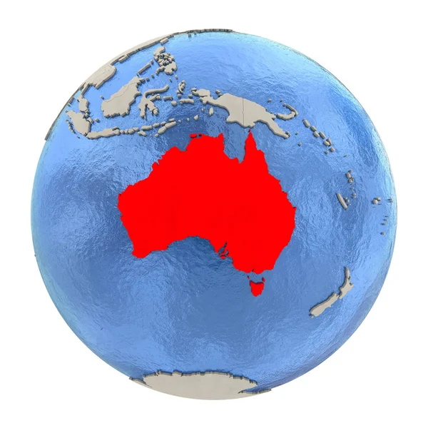 Australia in red on full globe isolated on white — Stock Photo, Image