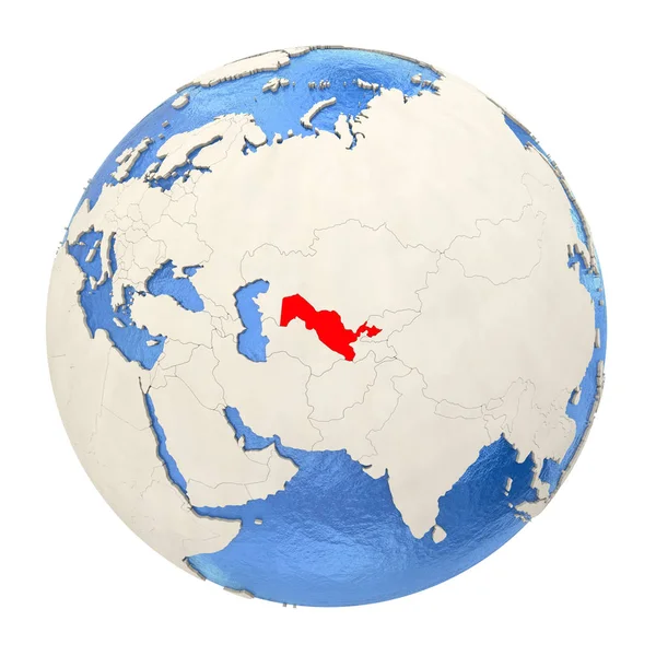Oezbekistan in het rood op volledige wereldbol geïsoleerd op wit — Stockfoto